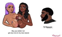 1boy 2girls african_female african_male areolae beard big_breasts big_penis black_eyes black_female black_hair black_wojak blue_nails blush breasts dark-skinned_female dark-skinned_male dark_skin double_paizuri earrings femboycarti femdom huge_breasts long_fingernails long_hair meme nipples nordic_chad nose_piercing paizuri pout purple_hair titjob wojak_comics