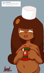 belly big_breasts brown_hair chubby closed_eyes cocoa_cookie cookie_run dark_skin female_only mug request smile thick_thighs