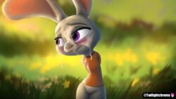 16:9 blush bodily_fluids clothing cum cum_on_face digital_media_(artwork) disney female fur genital_fluids genitals hi_res judy_hopps lagomorph leporid mammal no_humans pussy rabbit smile solo twilightchroma widescreen zootopia