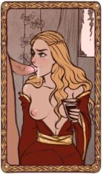 1boy 1girls blonde card cersei_lannister colored fantasy female game_of_moans game_of_thrones glass godswood_studios house_lannister medieval milf oral unseen_male_face wine