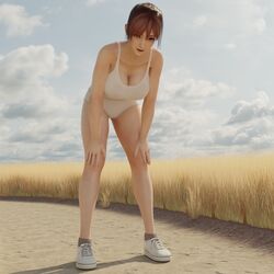 1girls 3d cleavage dead_or_alive female hands_on_knees honoka_(doa) huge_breasts leaning_forward looking_at_viewer nipples nipples_visible_through_clothing pink_eyes pink_hair radianteld shoes sneakers standing tank_top voluptuous wheat_field workout_clothes