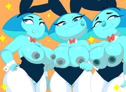 3girls aquamarine_(gem) aquamarine_(steven_universe) big_breasts black_hair blue_eyes blue_skin breasts bunnysuit cartoon_network female female_only gem gem_(species) hoshime multiple_girls nipples partially_nude short_sleeves smile steven_universe