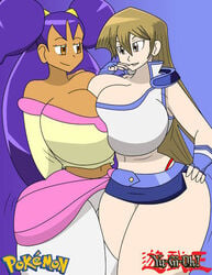 alexis_rhodes big_ass big_breasts big_butt breasts brown_body brown_eyes brown_skin cleavage dat_ass female giantess huge_breasts igphhangout iris_(pokemon) looking_down miniskirt obelisk_blue_uniform pokemon purple_hair taller_girl thick_ass thick_lips thick_thighs white_pants white_skin yellow_hair yu-gi-oh!