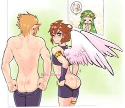 1girls 2boys angel_wings ass big_ass big_butt blush bubble_ass bubble_butt butt_crack butt_focus clothing color crossover embarrassed embarrassed_nude_femboy femboy girly kid_icarus line_art link looking_at_ass looking_at_butt looking_back male male_focus nintendo one_eye_closed palutena pit_(kid_icarus) pointy_ears soft_sizzle speech_bubble the_legend_of_zelda watermark wings