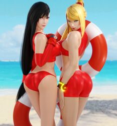 2girls 3d adeptusinfinitus ass beach bikini black_hair blender blonde_hair clothing elbow_gloves final_fantasy final_fantasy_vii fit green_eyes hips life_preserver lifeguard long_hair looking_at_viewer looking_back metroid nintendo ponytail red_eyes samus_aran shorts suggestive thighs tifa_lockhart