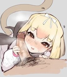 1boy bangs blonde_hair blush brown_eyes cheek_press eyebrows_visible_through_hair female grey_background hairband juz kemono_friends long_sleeves looking_at_viewer penis penis_grab penis_on_face pubic_hair short_hair silky_anteater_(kemono_friends) simple_background solo_focus straight tail uncensored white_hairband