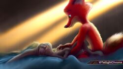 16:9 bodily_fluids canid canine cum cum_on_face disney duo erection female flat_chest fox fur genital_fluids genitals hi_res humanoid judy_hopps lagomorph leporid male mammal nick_wilde nude rabbit sex simple_background straight twilightchroma widescreen zootopia