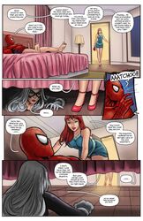 1boy 2girls bed bedroom black_cat_(marvel) breasts bust busty canon_couple comic curvaceous curves curvy curvy_body curvy_female curvy_females curvy_figure curvy_hips dialogue english english_text felicia_hardy female hiding hourglass_figure legs lips lipstick long_hair male marvel marvel_comics mary_jane_watson mask masked multiple_girls partially_clothed penis peter_parker red_hair red_lips red_lipstick speech_bubble spider-man spider-man_(series) stealth straight straight_hair superheroine text thief thighs thomas_cocksmith tracyscops unseen_male_face voluptuous white_hair