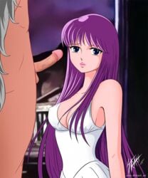 1girls athena_(saint_seiya) breasts female gemini_saga goddess long_hair purple_hair saint_seiya saori_kido shounen_jump strach tagme unseen_male_face