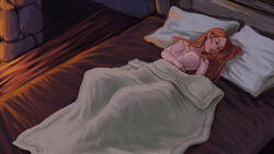 1girls bed breasts colored eyes_closed fantasy female game_of_moans game_of_thrones godswood_studios indoors long_hair medieval nipples pillow sansa_stark see-through see-through_clothing sleeping small_breasts solo solo_female solo_focus