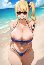 ai_generated beach bikini blonde_hair blue_bikini blue_ribbon bombacopta brown-tinted_eyewear fairy_tail huge_breasts lucy_heartfilia nipples sunglasses tattoo thick_thighs tinted_eyewear