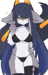 1girls 2023 anthro bangs big_breasts black_hair blue_hair bra breasts claws cute cute_fang female female_only furry furry_only grey_body grey_fur hime_cut horns long_hair looking_at_viewer navel open_mouth orange_eyes panties paws simple_background spommmm stockings white_fur wholesome