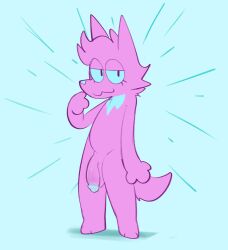 aimkid_(copyright) anthro blue_glans blue_sclera canid canine canis eyelashes fur genitals ghost glans hi_res humanoid_genitalia humanoid_penis looking_at_viewer male mammal penis pink_body pink_fur pink_penis soft_fuzzy_man solo spirit tacogatooooo toony wolf