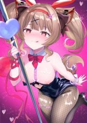 :q absurdres alternate_costume angelina_(arknights) animal_ear_hairband animal_ears arknights arm_ribbon bare_shoulders between_breasts black_leotard blush bow bowtie breasts brown_eyes brown_hair brown_pantyhose chinese_commentary closed_mouth clothing_cutout commentary_request cuffs cum cum_on_body cum_on_breasts cum_on_legs cum_on_legwear dated detached_collar fake_animal_ears female female_only fingernails fishnet_pantyhose fishnets glint hair_intakes hair_ornament hairband handcuffs heart heart_cutout highres leotard medium_breasts medium_hair nail_polish necktie nipples pantyhose pink_background pink_nails playboy_bunny pole rabbit_hole_(vocaloid) red_bow red_bowtie red_hairband red_necktie red_ribbon ribbon saliva short_necktie solo sparkle tongue tongue_out traditional_bowtie variant_set vocaloid x_hair_ornament zhan_bai_(daviding)