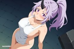 1girls ai_generated apron blesseddo blush clothed looking_at_viewer looking_up no_bra no_panties ponytail purple_eyes purple_hair shion_(tensei_shitara_slime_datta_ken) short_hair that_time_i_got_reincarnated_as_a_slime thighs