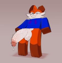 anthro big_penis blocky_body blue_clothing blue_hoodie blue_topwear bodily_fluids bottomless canid canine clothed clothing cum cum_drip dripping fox fur genital_fluids genitals hi_res hoodie hoodie_only huge_cock humanoid_genitalia humanoid_penis looking_at_viewer male male_only mammal orange_body orange_fur penis roblox solo soups_(superiorfox) tacogatooooo topwear topwear_only vein veiny_penis