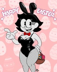 big_breasts big_thighs black_eyes black_hair breasts bunny_ears bunnysuit cartoon cartoony dot_eyes easter english_text female fishnet_legwear marla marlatoon marlon marlon_(character) marlontoon marlonxd rubberhose white_gloves white_skin