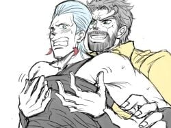 2boys blue_eyes blush blush_lines green_eyes grin hands_on_chest jean_pierre_polnareff jojo's_bizarre_adventure joseph_joestar looking_at_another looking_back male_focus male_only old_joseph older_male_younger_male simple_background smiling stardust_crusaders surprised sweatdrop sweatdrops touching_chest white_background