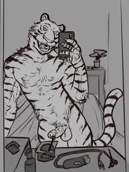 2020 anthro athletic athletic_anthro athletic_male balls beastars bill_(beastars) burrserk cellphone erection felid genitals greyscale hi_res holding_object holding_phone humanoid_genitalia humanoid_penis looking_at_viewer male male_only mammal mirror_selfie monochrome nude one_eye_closed pantherine penis phone portrait selfie sketch solo stripes three-quarter_portrait tiger wink