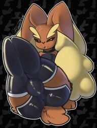 anthro balls_outline black_sclera brown_body brown_fur bulge clothed clothing detailed_bulge fur generation_4_pokemon genital_outline legwear llametsul lopunny male nintendo pokemon pokemon_(species) red_eyes simple_background solo stockings