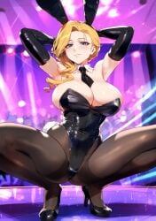 ai_generated armpits arms_behind_head azur_lane big_breasts black_gloves black_legwear blowjob blue_eyes breasts bunny_ears bunny_girl bunnysuit female female_focus female_only hood_(azur_lane) huge_breasts large_breasts legwear looking_at_viewer mature_female milf smile smiling smiling_at_viewer