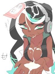 cephalopod_eyes cleavage clothed clothing cream crop_top crop_top_jacket cum_drip cum_on_breasts cum_on_hair cum_on_hand cum_on_hands cupping_hands dark-skinned_female gradient_hair green_eyes green_hair headphones looking_at_viewer marina_(splatoon) mocamocaink nervous octoling sexually_suggestive simple_background splatoon splatoon_2 suggestive suggestive_fluid sweat white_background zipper