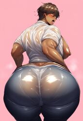 1boy ai_generated areola ass_focus ass_grab bara_tits big_ass blush clothing ctst4r dark-skinned_male dark_skin embarrassed flustered high_resolution highres hires huge_ass large_pectorals looking_at_viewer male male_focus male_only nervous nipples pleasure presenting_hindquarters saliva shiny_ass shiny_skin short_hair smooth_skin solo solo_male sweat thick_thighs tongue tongue_out translucent_clothing wet_clothes wet_clothing wide_hips