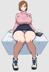 absurd_res ai_generated alternate_costume clothed_female couch curvy_body curvy_female curvy_figure curvy_hips female_focus female_only fully_clothed hi_res hourglass_figure jujutsu_kaisen jujutsu_tech_uniform kugisaki_nobara nervous perfect_body platform_boots sitting tablet tagme thick_thighs voluptuous volvoluptuous_female white_background