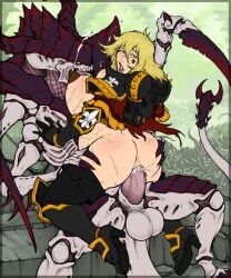 1boy 1girls adepta_sororitas cowgirl_position female fleatrollus huge_breasts imperium_of_man lactation male mostly_nude nude nude_female power_armor pregnant sister_of_battle straight tyranid warhammer_(franchise) warhammer_40k