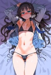 1girls ai_generated belly belly_button bikini black_hair blue_eyes blush collar collarbone eyebrows eyebrows_visible_through_hair female headband long_hair looking_at_viewer melty_blood on_back on_bed small_breasts solo solo_female solo_focus thighs tohno_akiha tsukihime type-moon yamatoai