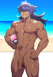 ai_generated balls beach cock confident ctst4r dark-skinned_male dark_skin game_freak high_resolution highres leon_(pokemon) long_hair male male_focus male_only muscles muscular muscular_male nintendo nipples pecs pectorals penis pokemon pokemon_ss purple_hair smirk solo solo_male testicles