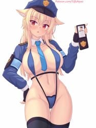 1girls blonde_hair breasts female female_only fully_clothed hi_res hips huge_breasts light-skinned_female light_skin long_hair nails police police_uniform policewoman red_eyes revealing_clothes skimpy_clothes sling_bikini stockings thick_thighs thighs tiffy tiffynyaa uniform wide_hips