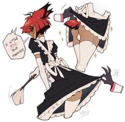 alastor_(hazbin_hotel) animal_humanoid anthro ass backsack balls cleaning_tool clothed clothing clothing_lift deer deer_humanoid demon dress dress_lift duo feather_duster femboy genitals hazbin_hotel hi_res humanoid lifting_up long_socks lucifer_(hazbin_hotel) maid maid_apron maid_headdress maid_outfit maid_uniform male male/male mammal mammal_humanoid mer0 tail thighhighs thong uniform white_panties white_thong