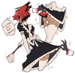 alastor_(hazbin_hotel) animal_humanoid anthro ass backsack balls cleaning_tool clothed clothing clothing_lift deer deer_humanoid demon dress dress_lift duo feather_duster femboy genitals hazbin_hotel hi_res humanoid lifting_up long_socks lucifer_(hazbin_hotel) maid maid_apron maid_headdress maid_outfit maid_uniform male male/male mammal mammal_humanoid mer0 mer0mer0_ tail thighhighs thong uniform white_panties white_thong