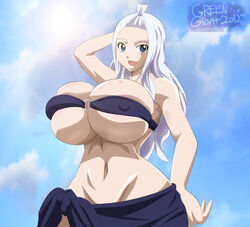 1girls alternate_breast_size areola_slip artist_name bare_shoulders bikini blue_eyes breasts erect_nipples erect_nipples_under_clothes fairy_tail female female_only greengiant2012 hand_behind_head huge_breasts long_hair mirajane_strauss nipple_bulge o-ring_top open_mouth outdoors skirt smile solo solo_female sunshine underboob white_hair