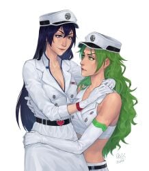 absurdres auntyokula bambietta_basterbine belt black_hair bleach bleach:_sennen_kessen-hen breasts candice_catnipp cleavage commission commissioner_upload elbow_gloves gloves green_hair highres long_hair midriff partially_unzipped quincy_(bleach) yuri