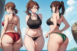 3girls ai_generated ass beach black_crop_top black_thong breasts brown_hair cleavage crop_top green_bikini_bottom green_eyes large_breasts ponytail red_bikini red_bikini_bottom red_bikini_top sisters suggestive thong