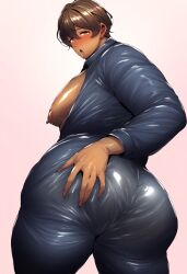 1boy ai_generated areola ass_grab big_ass blush clothing ctst4r dark-skinned_male dark_skin embarrassed flustered high_resolution highres hires huge_ass large_pectorals looking_at_viewer male male_focus male_only nervous nipples pleasure saliva shiny_skin short_hair smooth_skin solo solo_male thick_thighs tongue tongue_out translucent_clothing wet_clothes wet_clothing wide_hips