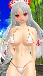 2025 3d arms_behind_back bamboo bamboo_forest big_breasts bikini blue_sky blush bow breasts clavicle cleavage clouds female fujiwara_no_mokou hati_yukkuri_mmd hips human light-skinned_female long-haired_female looking_at_viewer mmd multiple_bows navel open_mouth red-eyed_female sky swimsuit touhou waist white-haired_female white_bikini