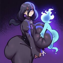 1boy 1girl 1girls ai_generated ass big_ass big_breasts black_hair breasts clothing dress earrings female ghost goghkunn half-closed_eyes hex_maniac_(pokemon) hex_maniac_(z-a) jewelry long_dress long_hair long_sleeves looking_at_viewer looking_back male nail_polish paizuri pokemon pokemon_(creature) pokemon_legends:_z-a purple_background purple_eyes purple_hair purple_nails solo