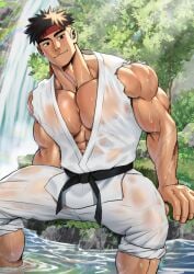 bandana bara capcom clothing male male_nipples male_only muscular_male nipples ryu_(street_fighter) street_fighter suyohara wet