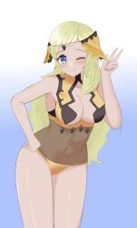 1girls ;) armpits bare_arms bare_thighs blonde_hair blue_eyes bodystocking breasts cleavage female female_only fire_emblem fire_emblem_fates long_hair looking_at_viewer medium_breasts nintendo ophelia_(fire_emblem) panties smile solo soulx720 thighs underwear very_long_hair w white_background wink yellow_hair yellow_panties