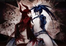 2girls ass belt black_gold_saw black_rock_shooter black_rock_shooter_(character) breasts dark_blue_hair dark_red_hair horns lerapi long_hair multiple_girls nipples pale-skinned_female pale_skin pussy saliva saliva_trail sharp_claws tongue tongue_out twintails vagina