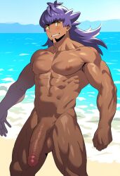 ai_generated balls beach cock confident ctst4r dark-skinned_male dark_skin high_resolution highres leon_(pokemon) long_hair male male_focus male_only muscles muscular muscular_male nipples pecs pectorals penis purple_hair smirk solo solo_male testicles