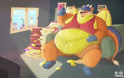 anthro belly beverage big_belly canid canine clothed clothing container dessert doughnut dragon eating eating_food food fox furniture hi_res horn huge_belly hybrid male mammal mr.puerco mythological_creature mythological_scalie mythology obese obese_anthro obese_male overweight overweight_anthro overweight_male pastry pizza pizza_box scalie sitting slob soda soda_bottle sofa solo watching_television wings