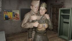 1boy 1girls 3d blender blue_eyes breasts breasts_out brown_hair bunker call_of_duty call_of_duty_ww2 captured captured_heroine choke_hold choking clothed clothed_female clothed_male corporal_green dog_tags english_text female female_soldier formal formal_clothes formal_wear frankiely_spicy headlock heroine hostage indoor indoors inside knife looking_at_partner male male_domination military military_cap military_hat military_jacket military_uniform naked naked_female necklace necktie nipples nude nude_female nude_female_clothed_male pale-skinned_female pale-skinned_male pale_skin partially_nude ponytail poster propaganda_poster restrained ryona scared scared_expression soldier straight text uniform world_war_2 ww2