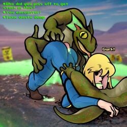 1girls 2boys 2d amphibian bent_over bestiality blonde_female blonde_hair blowjob bodysuit caption captured_heroine clothed_female clothed_sex cum_dripping cum_in_mouth cum_inside defeated defeated_heroine diphallia diphallism dominant_feral emotionless emotionless_sex expressionless face_down_ass_up fallout fallout_(series) female_human/male_feral femsub feral_on_human feral_penetrating gecko_(fallout) green_cum green_skin interspecies light-skinned_female lizard maledom mmf_threesome monster monster_on_female monster_on_human multi_genitalia multi_penis penis penis_on_face rape sex spitroast tagme threesome top-down_bottom-up vault_girl vault_suit zoophilia zoquete