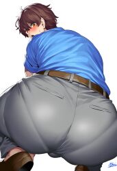 1boy ai_generated ass ass_focus back belt big_ass blue_shirt blush brown_belt bulge ctst4r eyebrows_visible_through_hair femboy grey_pants hair_between_eyes hi_res high_resolution highres looking_at_viewer looking_back male male_focus male_only open_mouth pants panty_lines shirt solo solo_male squatting