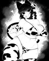 animal_ears bikini cow_print ginku_mh huge_breasts large_ass monochrome pointy_ears rin_kaenbyou tagme tail thick_thighs thighhighs touhou