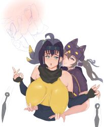 2girls artist_name artist_request black_hair black_scarf breast_grab breasts brown_hair female female_focus female_only green_eyes headband headgear i:p_masquerena kunai large_breasts long_hair nipples playing_with_nipple s-force_rappa_chiyomaru s:p_little_knight scarf weapon white_background yu-gi-oh! yuri